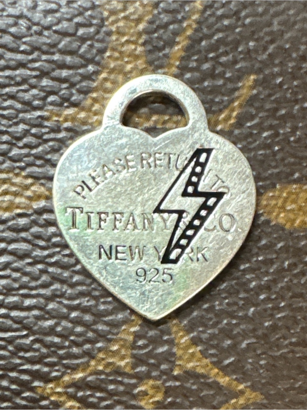 Tiffany & Co .925 Sterling Silver Lighting Bolt Enamel RTT M Heart Tag Pendant